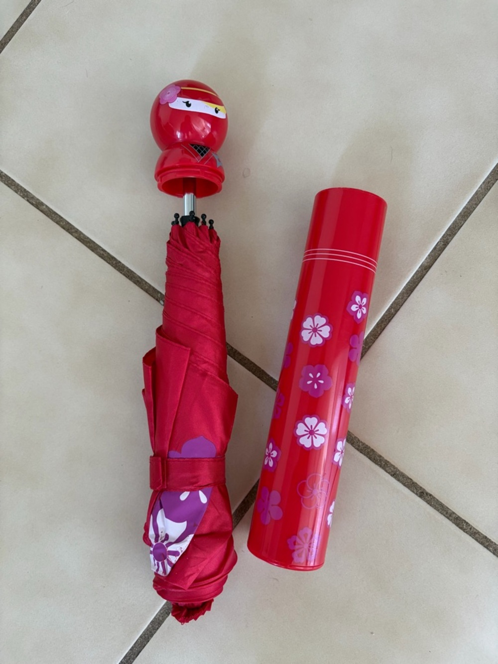 Red Ninja 🥷 Floral Compact Umbrella with Matching Tube Case